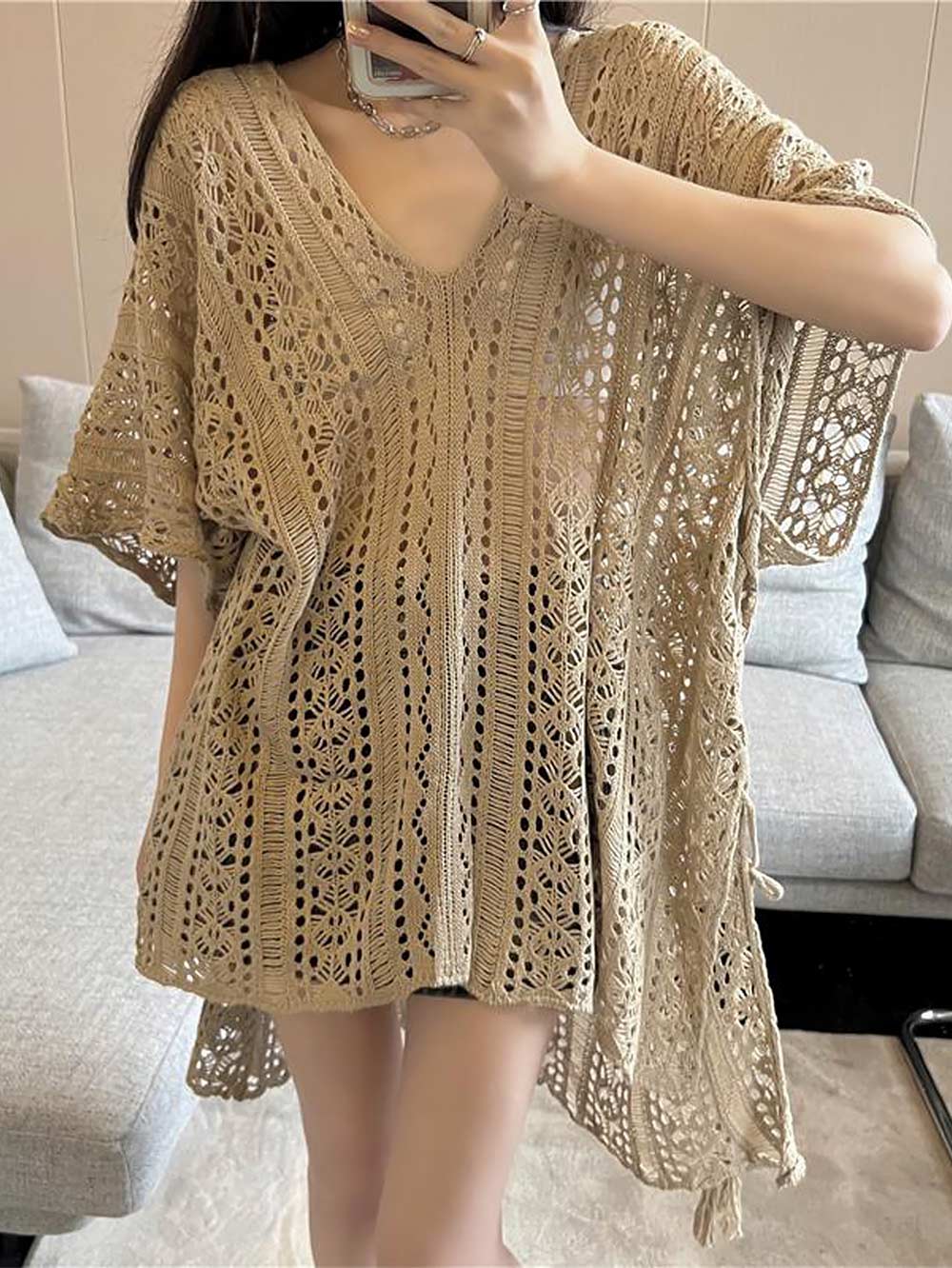 Crochet Tassel Hollow Tie Shawl Cover-up | ZAKAPOP