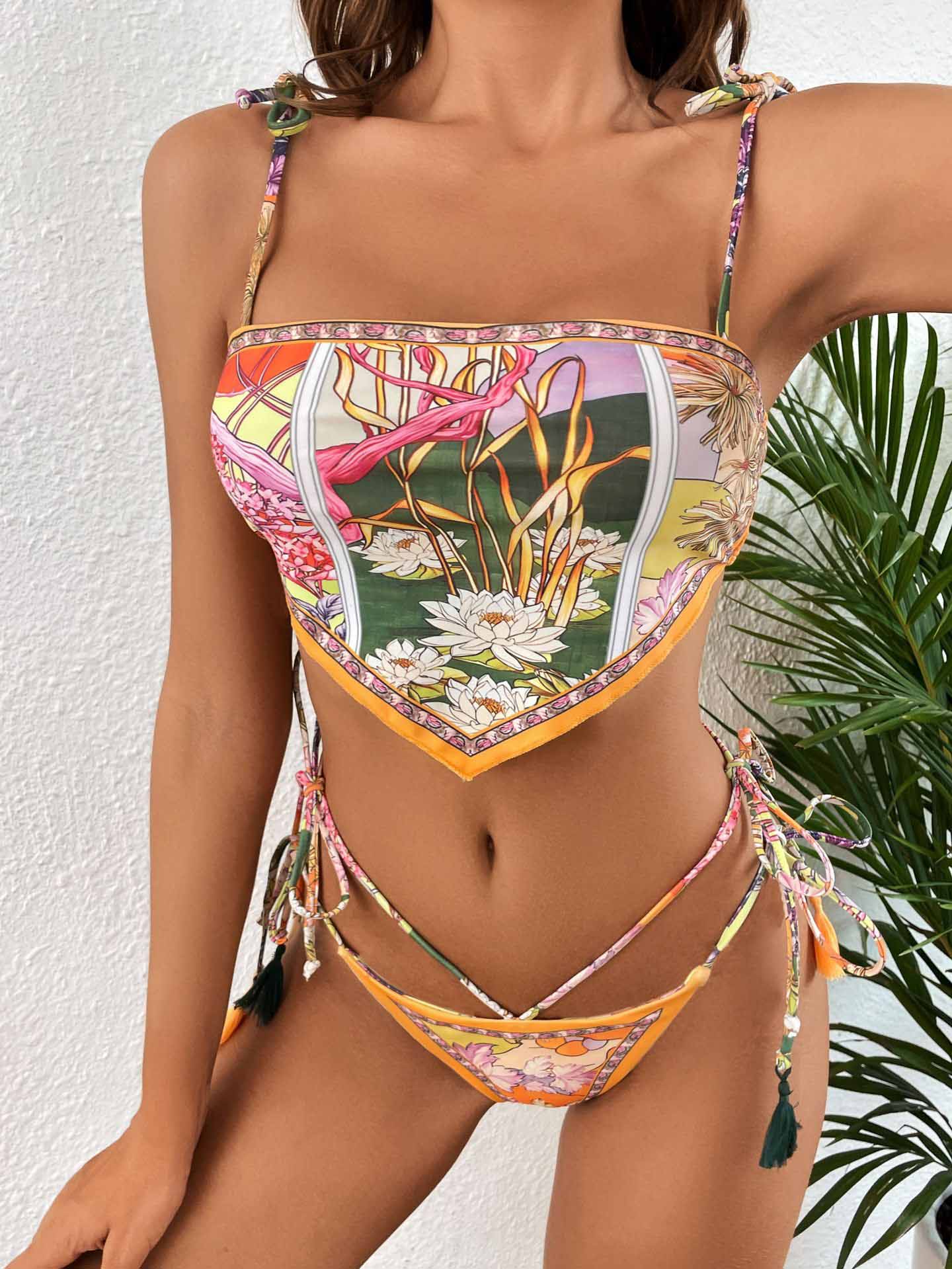 Floral Print Sexy Drawstring Bikini Swimsuit | ZAKAPOP