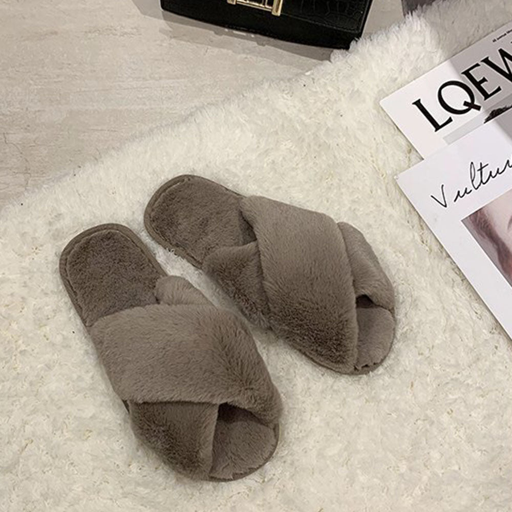 Fuzzy Cross Strap Women's Winter Flat Indoor  Slippers | ZAKAPOP