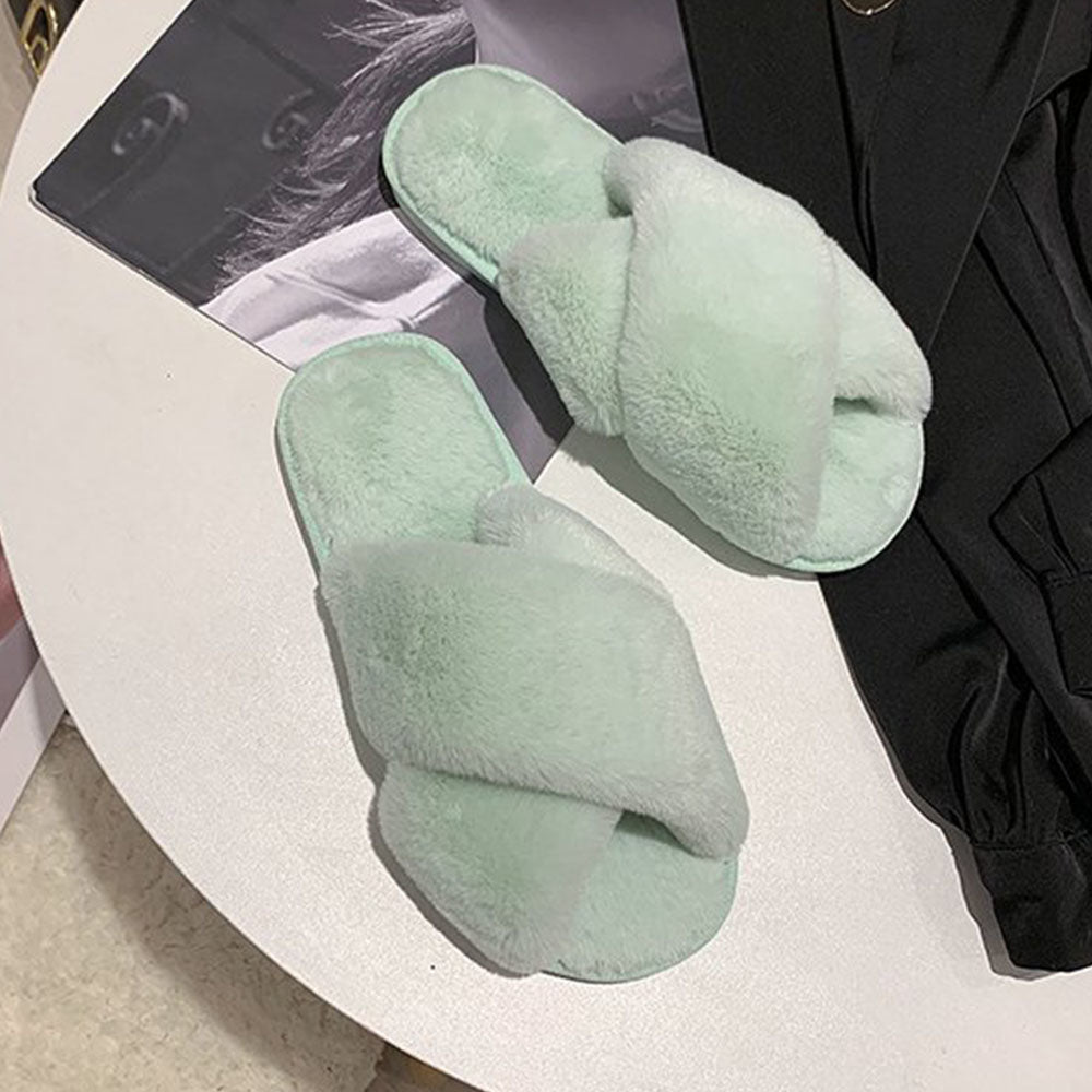Fuzzy Cross Strap Women's Winter Flat Indoor  Slippers | ZAKAPOP