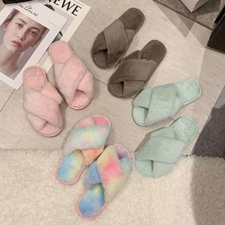 Fuzzy Cross Strap Women's Winter Flat Indoor  Slippers | ZAKAPOP