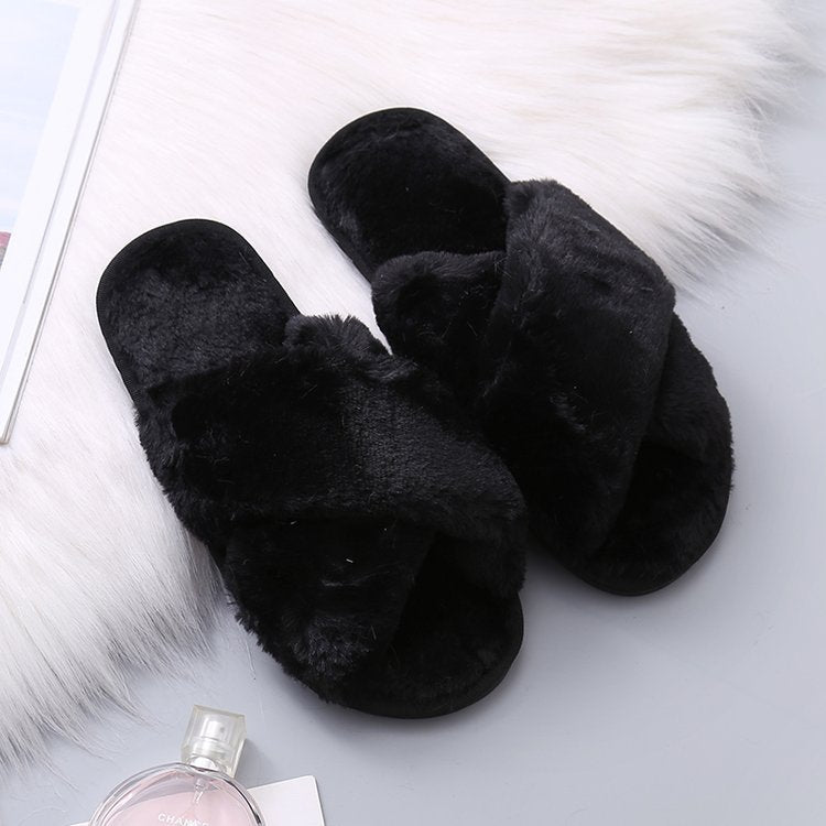Fuzzy Cross Strap Women's Winter Flat Indoor  Slippers | ZAKAPOP