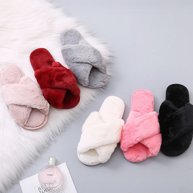 Fuzzy Cross Strap Women's Winter Flat Indoor  Slippers | ZAKAPOP
