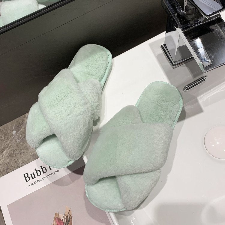 Fuzzy Cross Strap Women's Winter Flat Indoor  Slippers | ZAKAPOP
