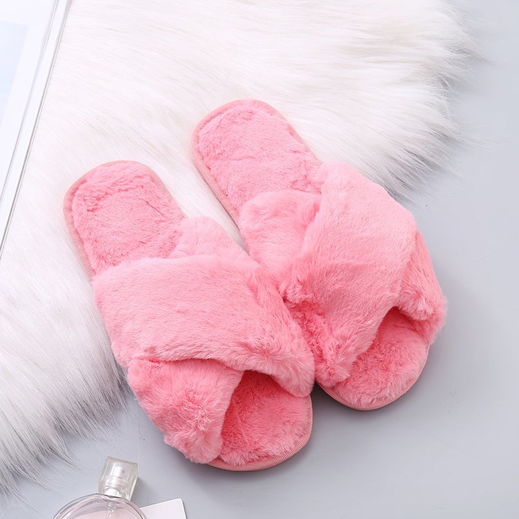 Fuzzy Cross Strap Women's Winter Flat Indoor  Slippers | ZAKAPOP