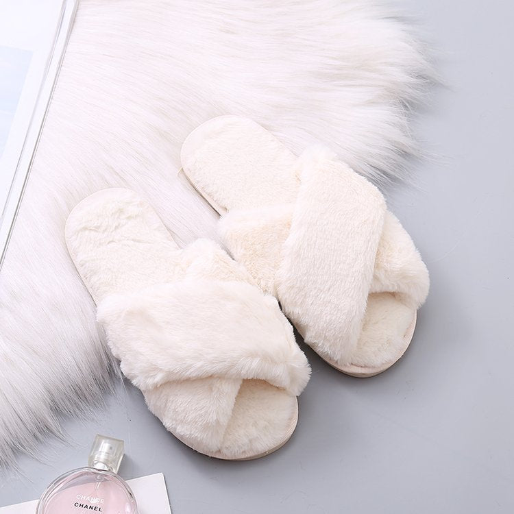 Fuzzy Cross Strap Women's Winter Flat Indoor  Slippers | ZAKAPOP