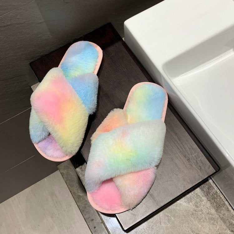 Fuzzy Cross Strap Women's Winter Flat Indoor  Slippers | ZAKAPOP