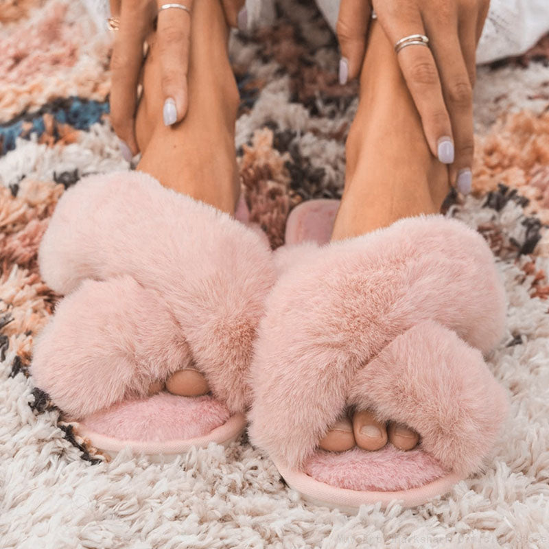 Fuzzy Cross Strap Women's Winter Flat Indoor  Slippers | ZAKAPOP
