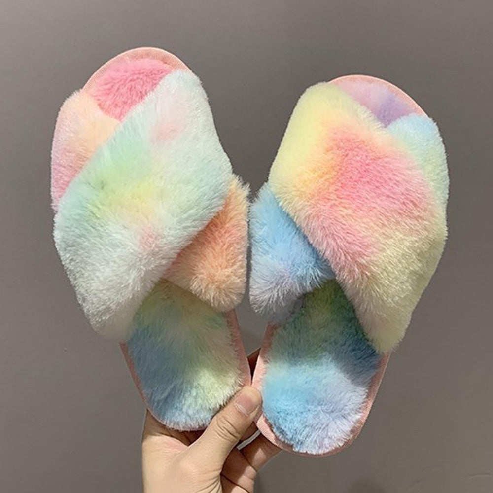 Fuzzy Cross Strap Women's Winter Flat Indoor  Slippers | ZAKAPOP