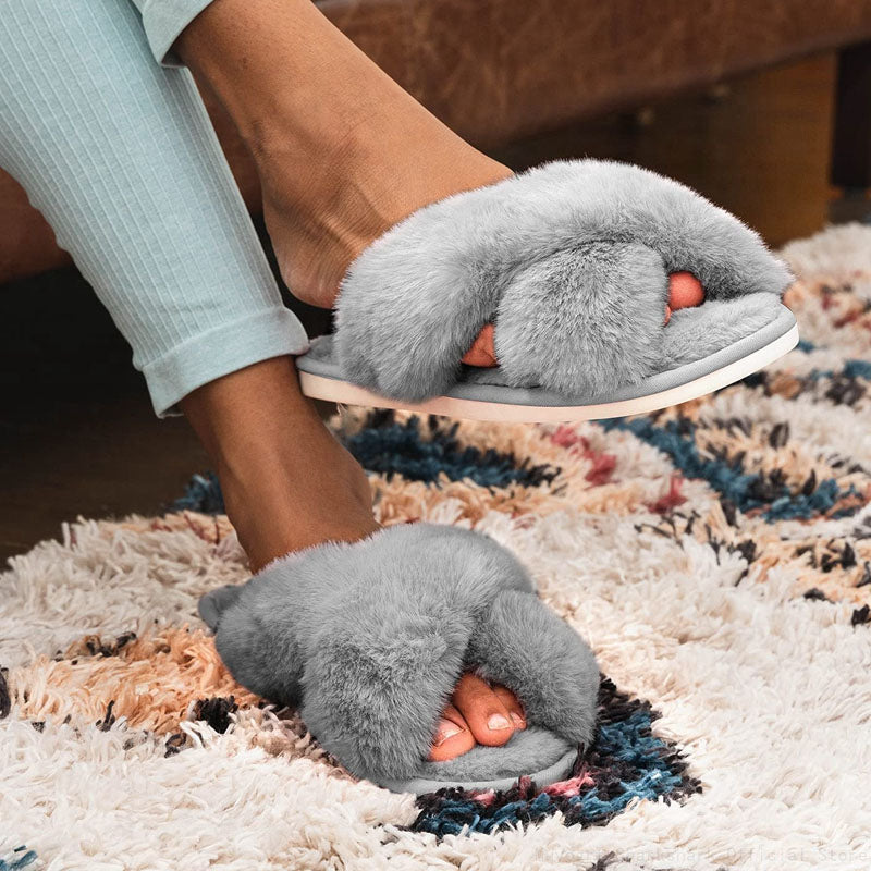 Fuzzy Cross Strap Women's Winter Flat Indoor  Slippers | ZAKAPOP