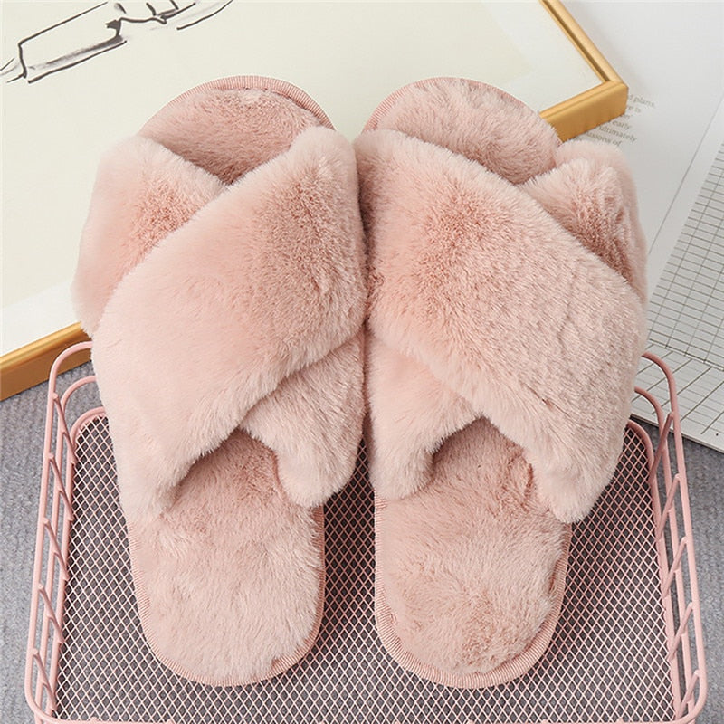 Fuzzy Cross Strap Women's Winter Flat Indoor  Slippers | ZAKAPOP