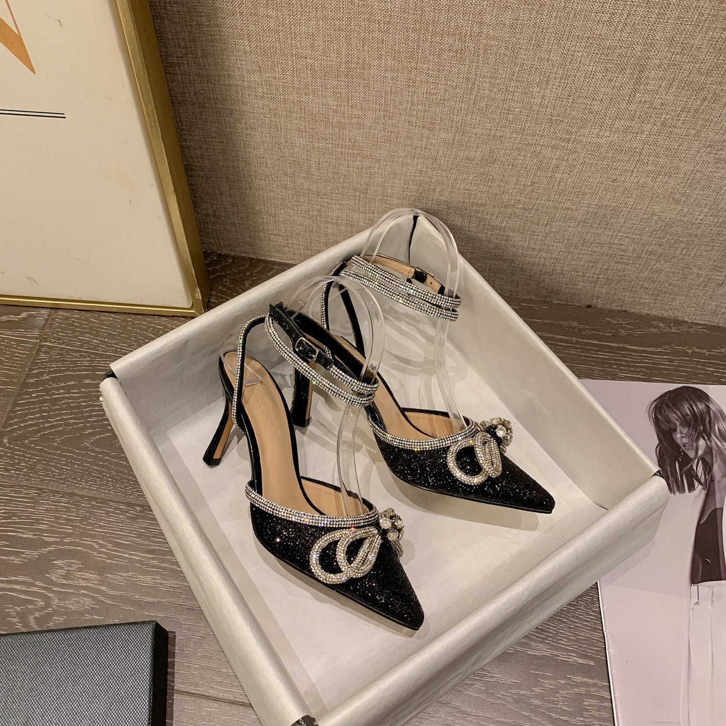 Rhinestone Bow Glitter Pointed Toe Heels | ZAKAPOP