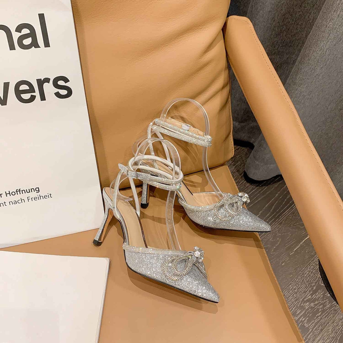 Rhinestone Bow Glitter Pointed Toe Heels | ZAKAPOP