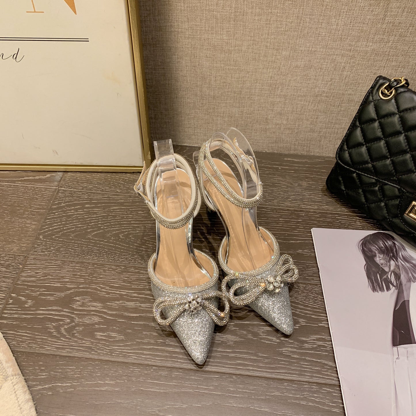 Rhinestone Bow Glitter Pointed Toe Heels | ZAKAPOP