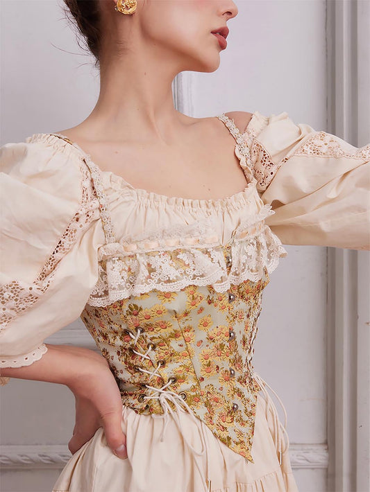 Sunflower Embroidered Lace Herringbone Corset | ZAKAPOP