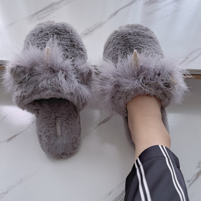 Unicorn Anti-Fur Cartoon Women's Winter Plush Slippers