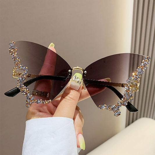 Women's Fashionable Butterfly Rhinestone Frameless Gradient Sunglasses | ZAKAPOP