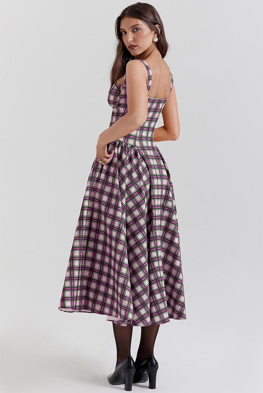 Women's Retro Pleated Check Midi Dress | ZAKAPOP
