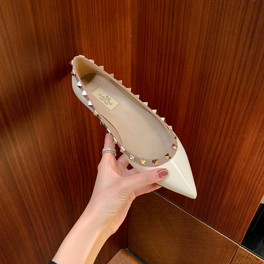 Women's Genuine Calfskin Leather Pointed Toe Studded Flats | ZAKAPOP