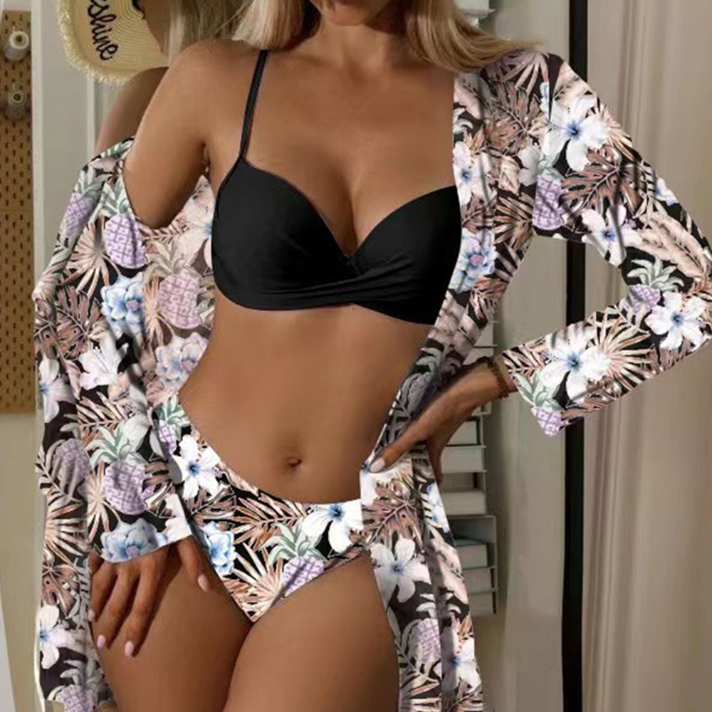Floral Print Women Low Waist Twist Bikini Long Sleeve Cover Up Three Pieces Swimwear | ZAKAPOP