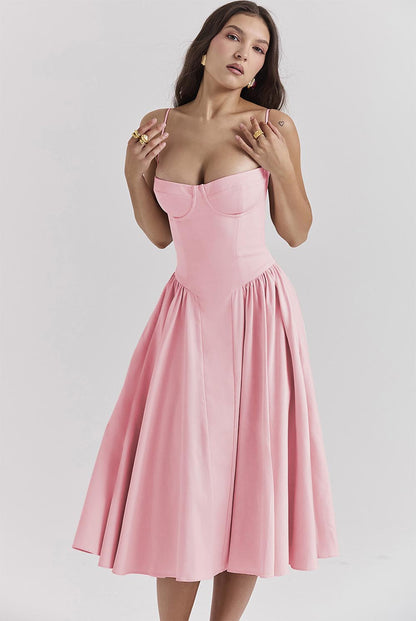 Women's Retro Pleated Solid Color Midi Dress | ZAKAPOP