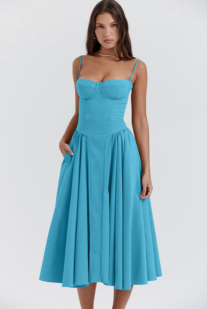 Women's Retro Pleated Solid Color Midi Dress | ZAKAPOP