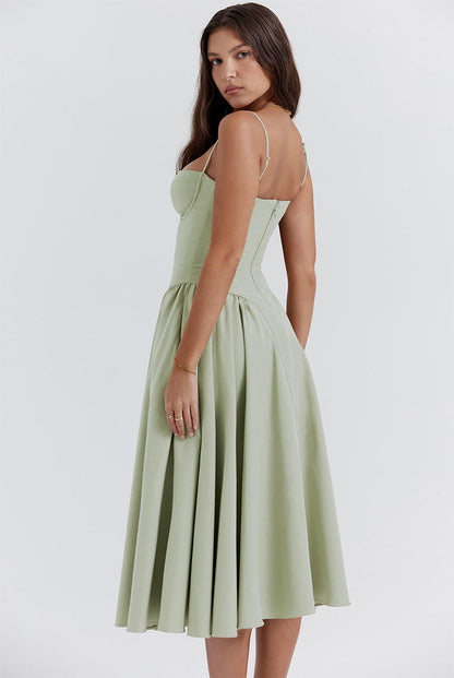 Women's Retro Pleated Solid Color Midi Dress | ZAKAPOP