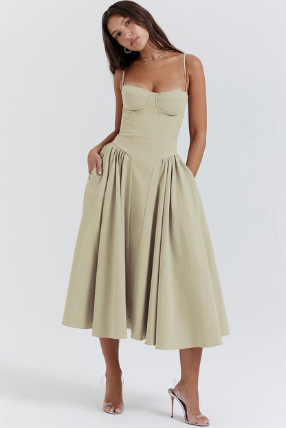 Women's Retro Pleated Solid Color Midi Dress | ZAKAPOP