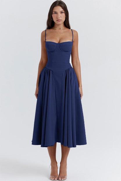 Women's Retro Pleated Solid Color Midi Dress | ZAKAPOP