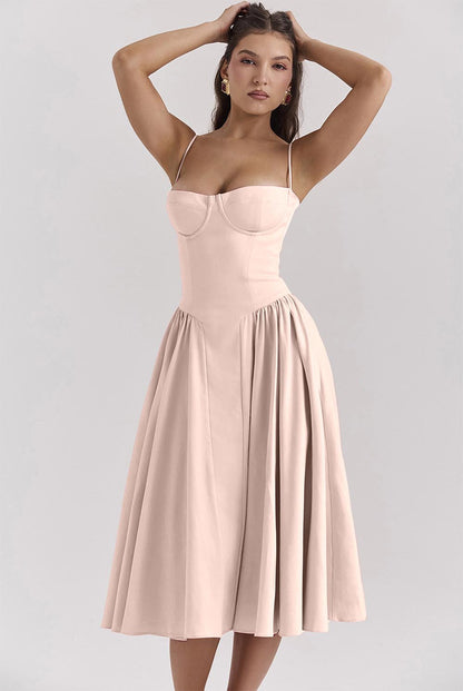 Women's Retro Pleated Solid Color Midi Dress | ZAKAPOP