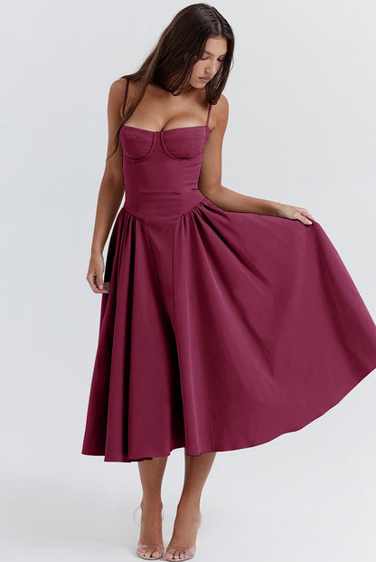 Women's Retro Pleated Solid Color Midi Dress | ZAKAPOP