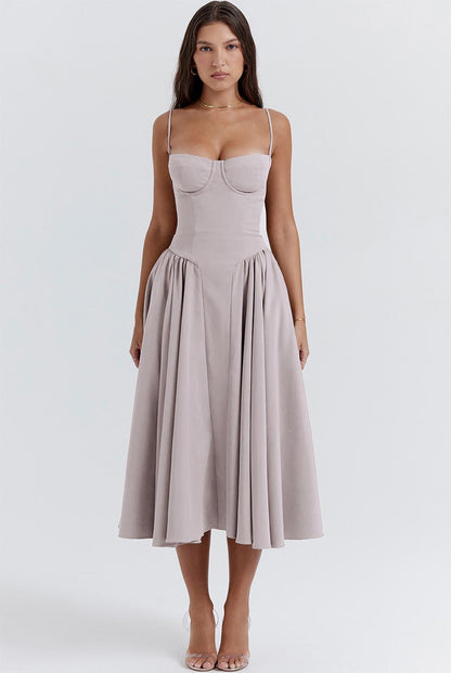 Women's Retro Pleated Solid Color Midi Dress | ZAKAPOP