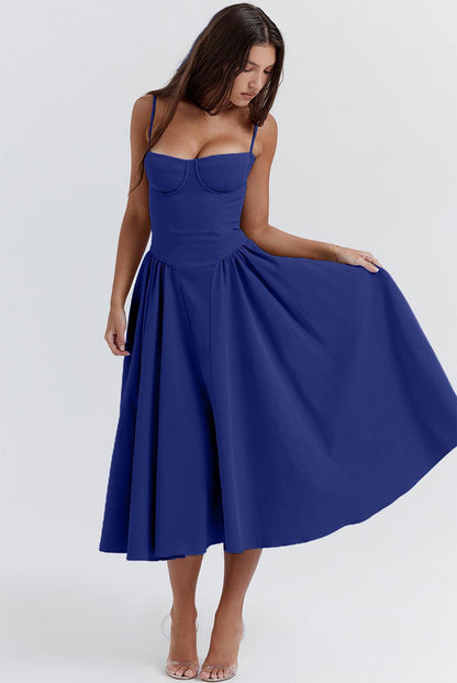 Women's Retro Pleated Solid Color Midi Dress | ZAKAPOP