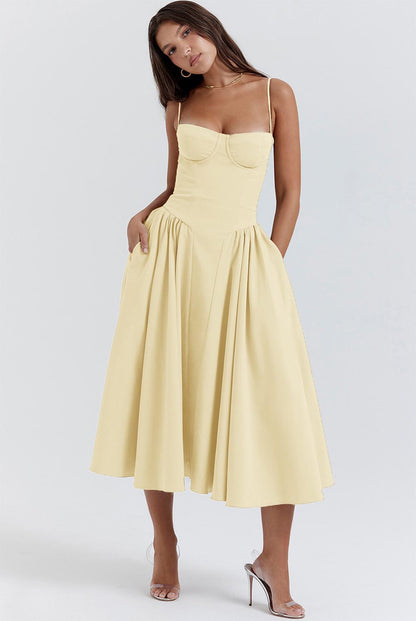 Women's Retro Pleated Solid Color Midi Dress | ZAKAPOP