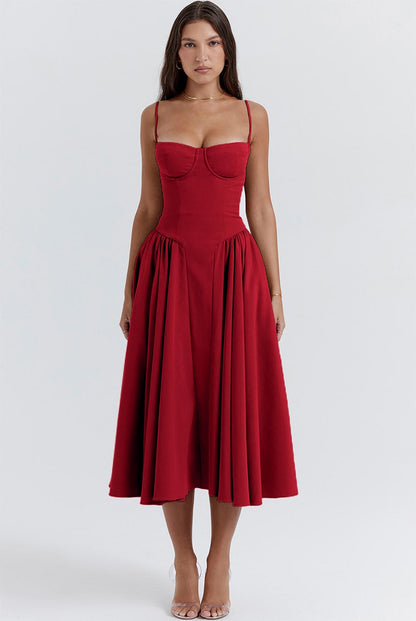 Women's Retro Pleated Solid Color Midi Dress | ZAKAPOP