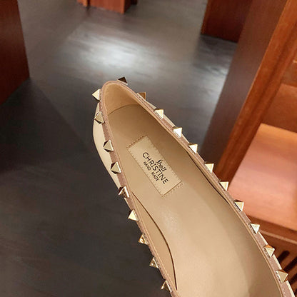 Women's Genuine Calfskin Leather Pointed Toe Studded Flats | ZAKAPOP