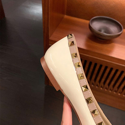 Women's Genuine Calfskin Leather Pointed Toe Studded Flats | ZAKAPOP