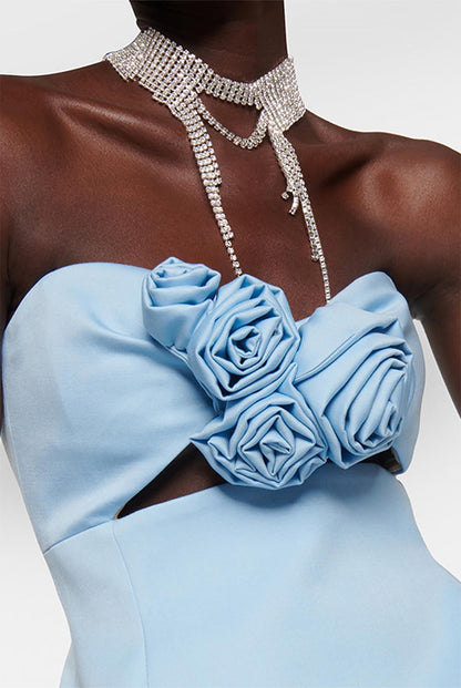3D Floral Embellished Sexy Strapless Backless Mini Dress - Blue | ZAKAPOP