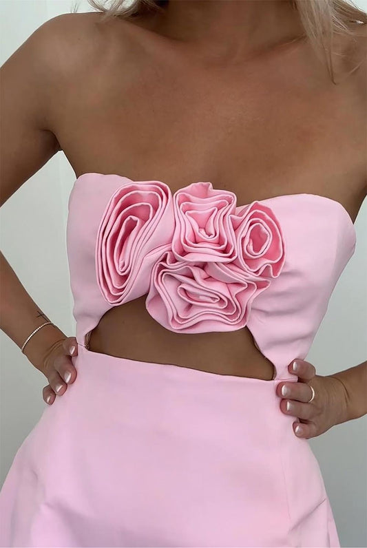 3D Floral Embellished Sexy Strapless Backless Mini Dress - Pink | ZAKAPOP