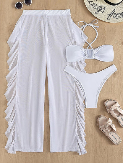 3pack Criss Cross Halter Bikini Swimsuit & Cover Up Pants | ZAKAPOP