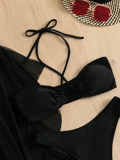 3pack Criss Cross Halter Bikini Swimsuit & Cover Up Pants | ZAKAPOP