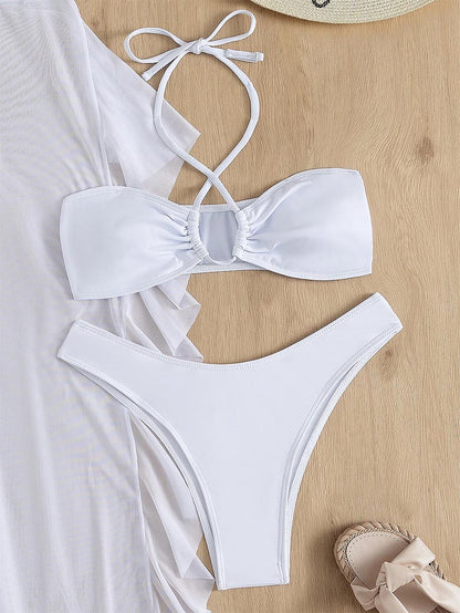 3pack Criss Cross Halter Bikini Swimsuit & Cover Up Pants | ZAKAPOP