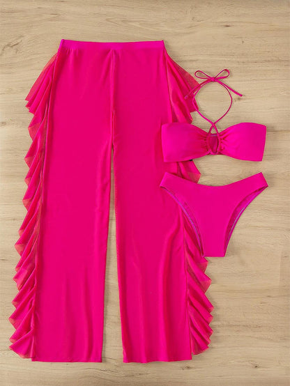 3pack Criss Cross Halter Bikini Swimsuit & Cover Up Pants | ZAKAPOP