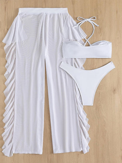 3pack Criss Cross Halter Bikini Swimsuit & Cover Up Pants | ZAKAPOP