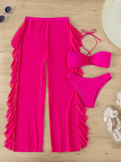 3pack Criss Cross Halter Bikini Swimsuit & Cover Up Pants | ZAKAPOP