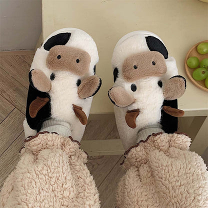 Cartoon Cow  Fluffy Fur Winter Warm Home Slippers | ZAKAPOP