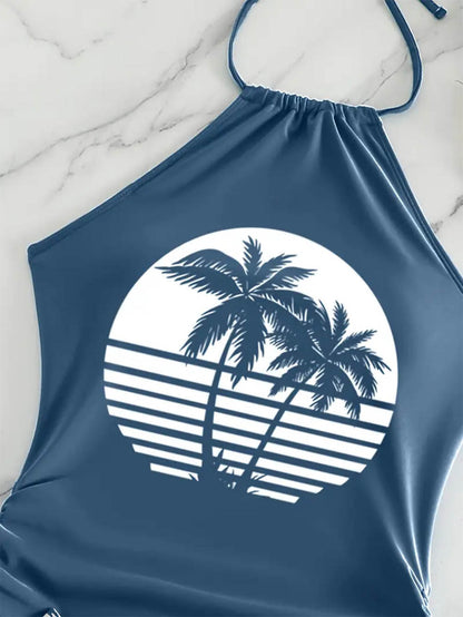Coconut Tree Halter Tie Neck Backless Stretchy Swimsuit | ZAKAPOP