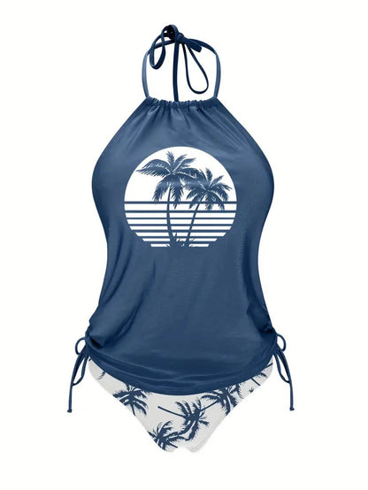 Coconut Tree Halter Tie Neck Backless Stretchy Swimsuit | ZAKAPOP