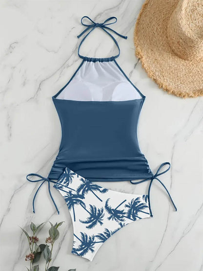 Coconut Tree Halter Tie Neck Backless Stretchy Swimsuit | ZAKAPOP
