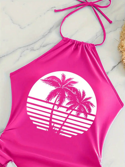 Coconut Tree Halter Tie Neck Backless Stretchy Swimsuit | ZAKAPOP